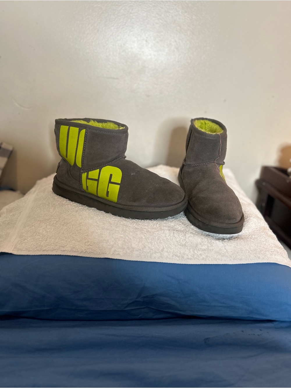 UGG Gray Suede Ankle Boots with Neon Yellow Accents